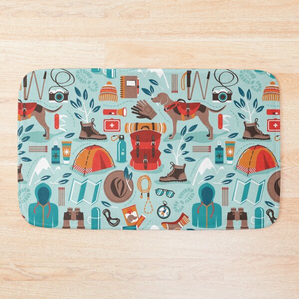Item preview, Hiking trip // aqua background orange red brown and teal hike backpack essentials designed and sold by SelmaCardoso.