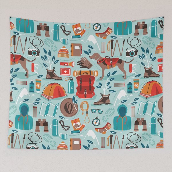 Item preview, Hiking trip // aqua background orange red brown and teal hike backpack essentials designed and sold by SelmaCardoso.
