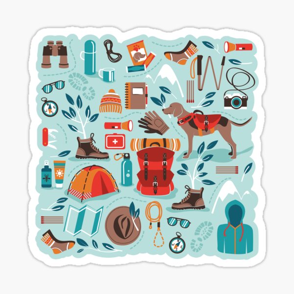 Hiking trip // aqua background orange red brown and teal hike backpack essentials Sticker