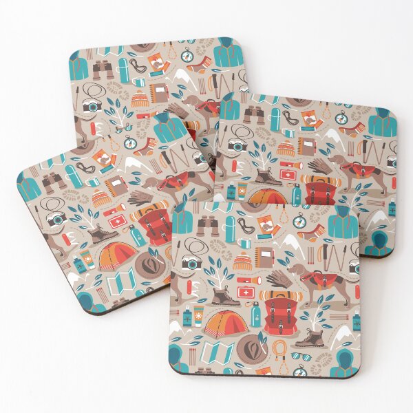 Item preview, Hiking trip // greige background orange red brown and teal hike backpack essentials designed and sold by SelmaCardoso.