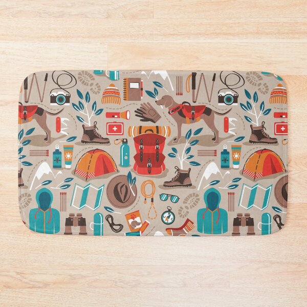 Item preview, Hiking trip // greige background orange red brown and teal hike backpack essentials designed and sold by SelmaCardoso.