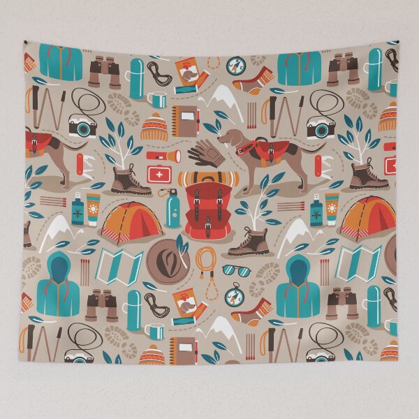 Item preview, Hiking trip // greige background orange red brown and teal hike backpack essentials designed and sold by SelmaCardoso.
