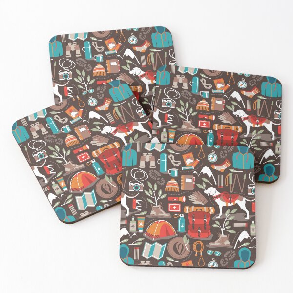 Item preview, Hiking trip // brown oak background orange red sage green and teal hike backpack essentials designed and sold by SelmaCardoso.