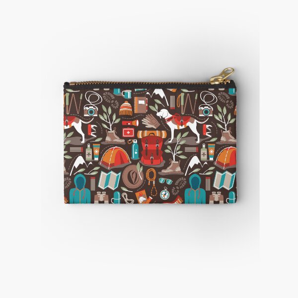 Item preview, Hiking trip // brown oak background orange red sage green and teal hike backpack essentials designed and sold by SelmaCardoso.