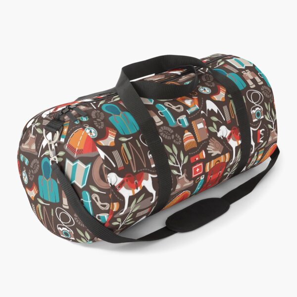 Item preview, Hiking trip // brown oak background orange red sage green and teal hike backpack essentials designed and sold by SelmaCardoso.