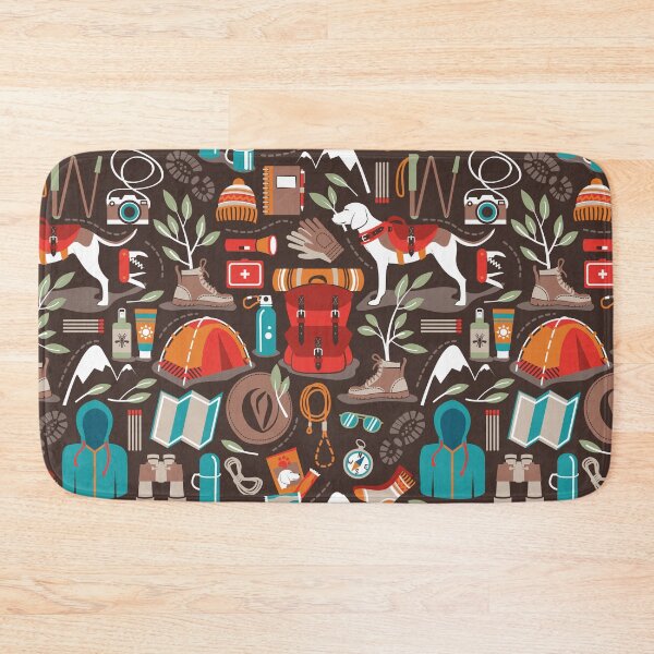 Item preview, Hiking trip // brown oak background orange red sage green and teal hike backpack essentials designed and sold by SelmaCardoso.