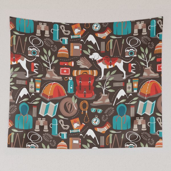 Item preview, Hiking trip // brown oak background orange red sage green and teal hike backpack essentials designed and sold by SelmaCardoso.