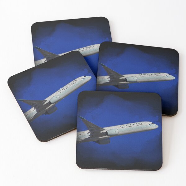 Item preview, Cathay Airlines plane taking off on watercolor black background designed and sold by FDbubble1986.