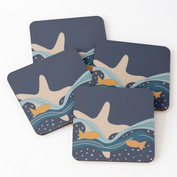 Item preview, Abstract, vintage yet modern seascape - ocean waves and fish.  Caroline Laursen Original designed and sold by Caroline Laursen.