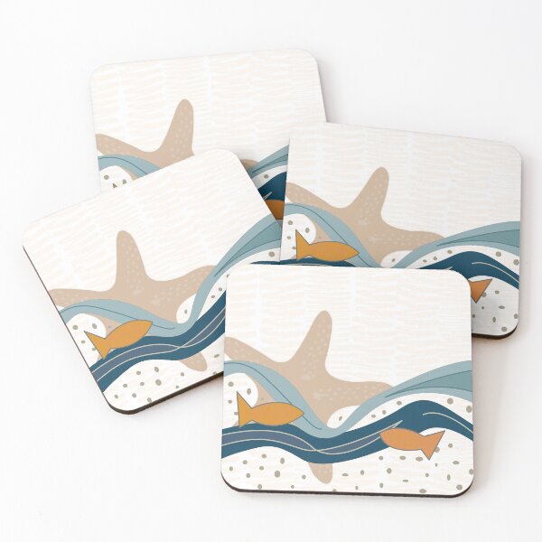 Item preview, Abstract, vintage yet modern seascape - ocean waves and fish.  Caroline Laursen Original designed and sold by Caroline Laursen.
