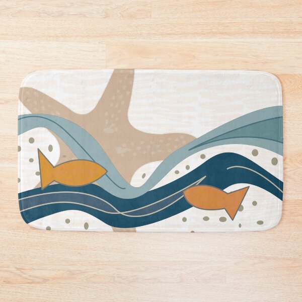 Item preview, Abstract, vintage yet modern seascape - ocean waves and fish.  Caroline Laursen Original designed and sold by Caroline Laursen.