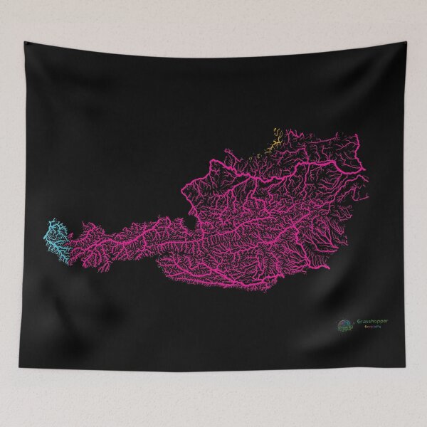 Item preview, Austria River Basin Map in Rainbow Colours with Black Background designed and sold by GrasshopperGeo.