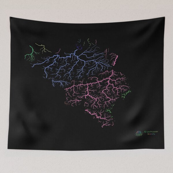 Item preview, Belgium River Basin Map in Rainbow Colours with Black Background designed and sold by GrasshopperGeo.