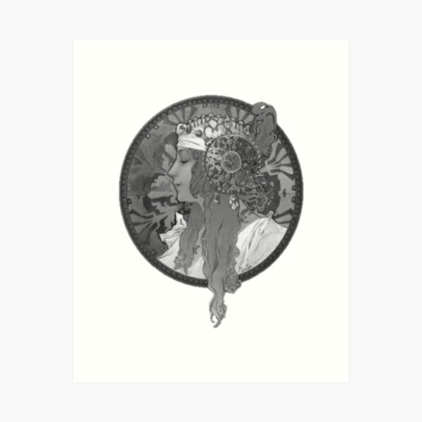 Aperçu de l'œuvre Alphonse mucha design, noir, blanc créée et vendue par Vivanne-art.