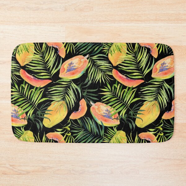 Item preview, Tropical fruits, papaya and palm leaves. Watercolor pattern on black designed and sold by AnjeseAnna.