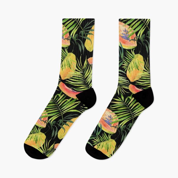 Item preview, Tropical fruits, papaya and palm leaves. Watercolor pattern on black designed and sold by AnjeseAnna.