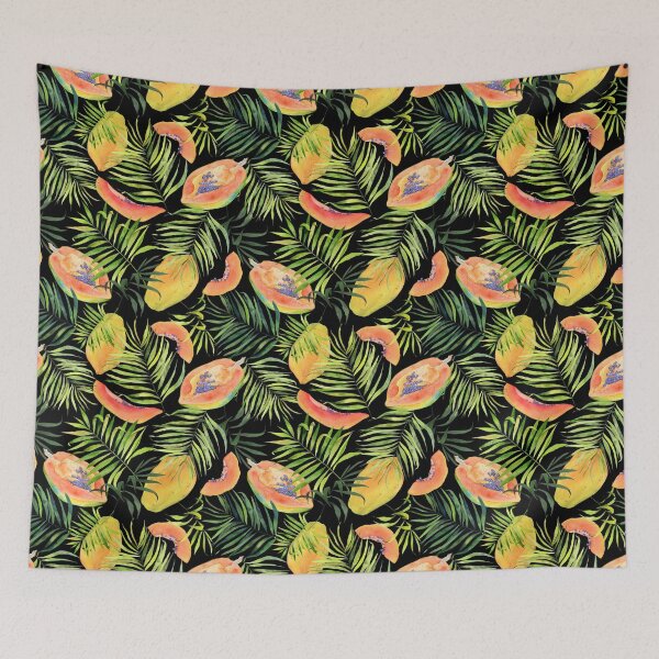 Item preview, Tropical fruits, papaya and palm leaves. Watercolor pattern on black designed and sold by AnjeseAnna.