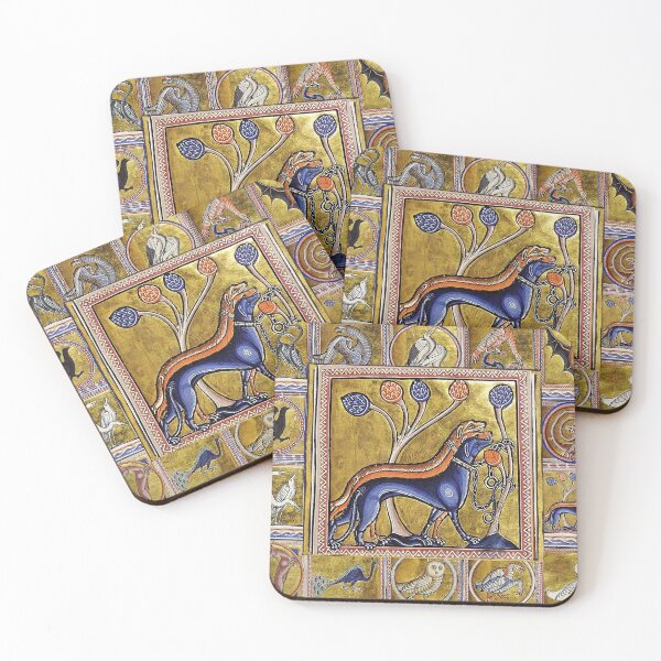 Item preview, MEDIEVAL BESTIARY THREE DOGS, FANTASTIC ANIMALS IN GOLD RED BLUE COLORS designed and sold by BulganLumini.