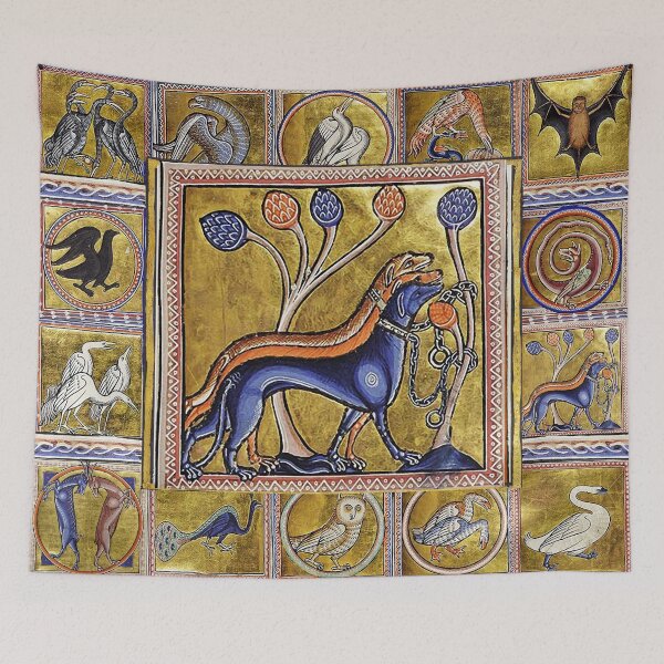 Item preview, MEDIEVAL BESTIARY THREE DOGS, FANTASTIC ANIMALS IN GOLD RED BLUE COLORS designed and sold by BulganLumini.