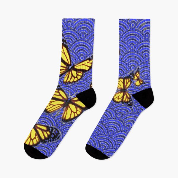 Item preview, YELLOW MONARCHS  ON ABSTRACT BLUE PATTERN ART designed and sold by sharlesart.