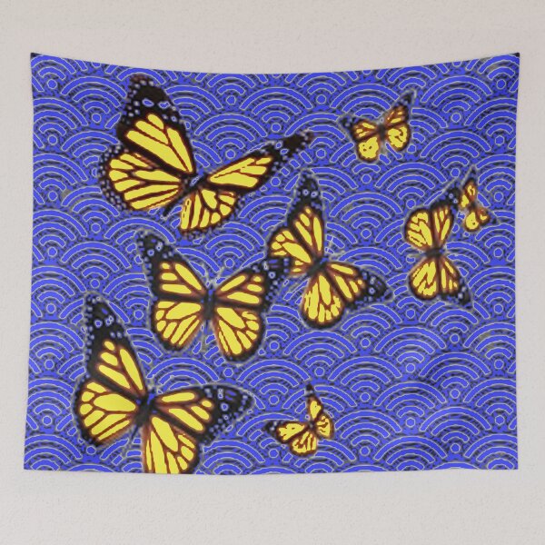 Item preview, YELLOW MONARCHS  ON ABSTRACT BLUE PATTERN ART designed and sold by sharlesart.
