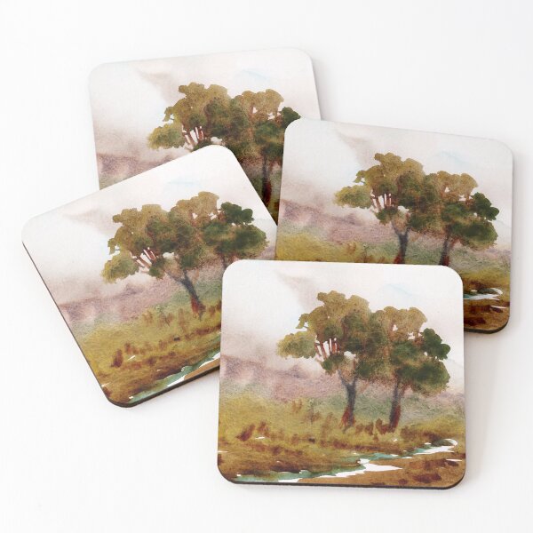 Item preview, watercolor painting of two trees near small water canal designed and sold by PRB ARTS.