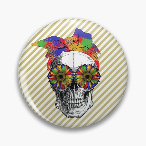 Item preview, Rainbow Sunflower Eyes Mom Skull With Rainbow Head Scarf - Gold Stripe Background designed and sold by Trinket-Trickster.