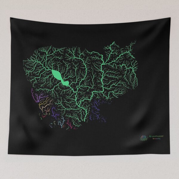 Item preview, Cambodia River Basin Map in Rainbow Colours with Black Background designed and sold by GrasshopperGeo.