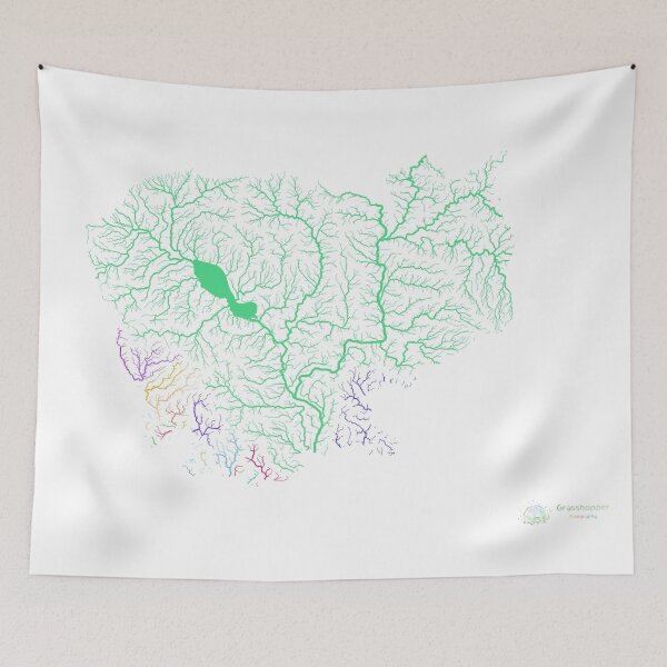 Item preview, Cambodia River Basin Map in Rainbow Colours with White Background designed and sold by GrasshopperGeo.