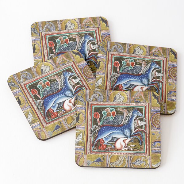 Item preview, MEDIEVAL BESTIARY THREE HORSES, FANTASTIC ANIMALS IN GOLD RED BLUE COLORS designed and sold by BulganLumini.