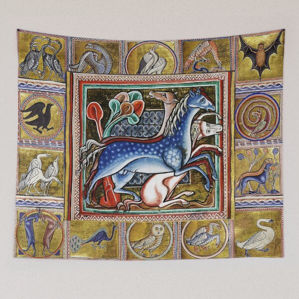 Item preview, MEDIEVAL BESTIARY THREE HORSES, FANTASTIC ANIMALS IN GOLD RED BLUE COLORS designed and sold by BulganLumini.