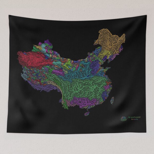 Item preview, China and Taiwan River Basin Map in Rainbow Colours with Black Background designed and sold by GrasshopperGeo.