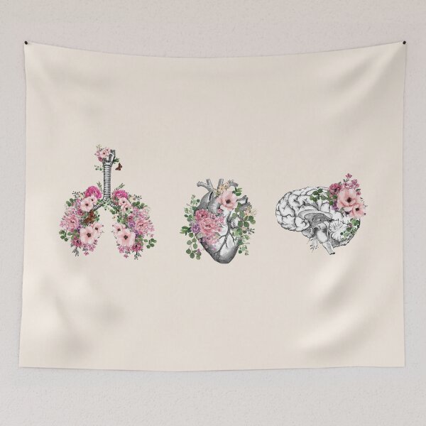 Item preview, human organs, art with floral anatomy, botany, heart, lungs and brain with flora and pink roses designed and sold by Collagedream.