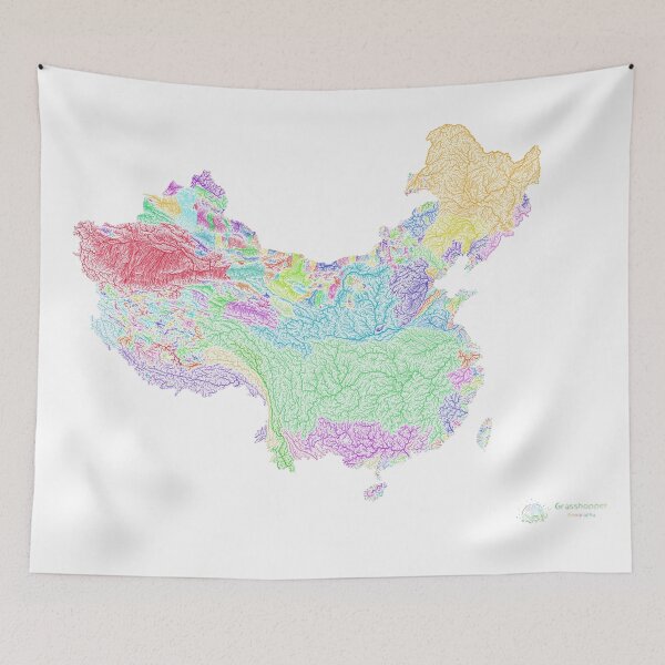 Item preview, China and Taiwan River Basin Map in Rainbow Colours with White Background designed and sold by GrasshopperGeo.