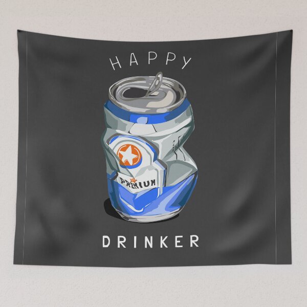 Item preview, Happy Drinker Slogan with Crushed Can Illustration Black Background designed and sold by Peekonet.