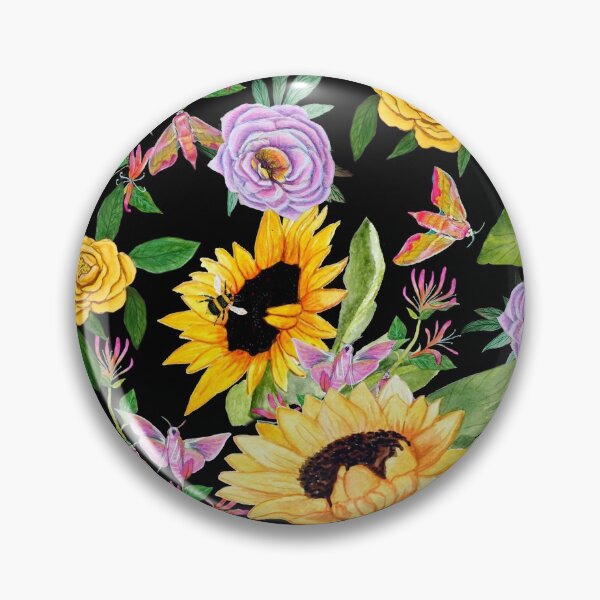 Item preview, Abeja, girasol, polilla y peonía en amarillo, rosa y lila sobre fondo negro. designed and sold by MagentaRose.