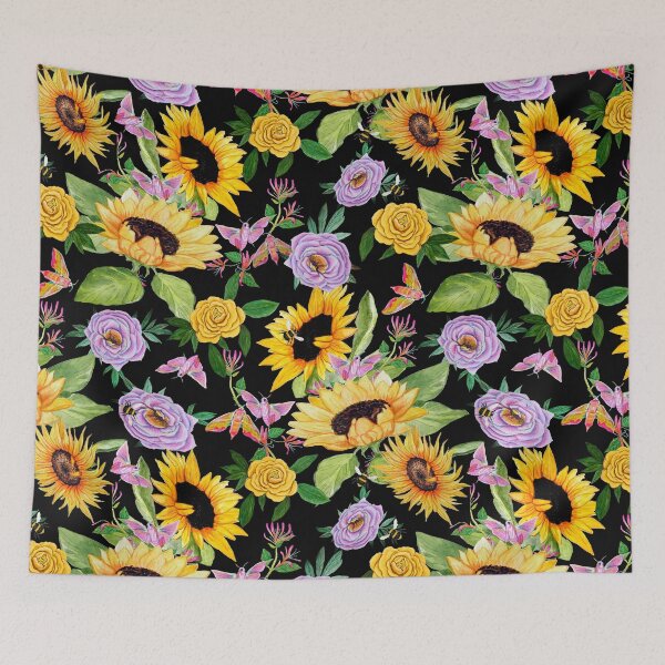 Item preview, Honey bee , Sunflower , moth and peony in yellow, pink and lilac on black designed and sold by MagentaRose.
