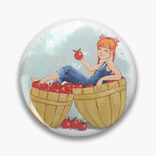 Aperçu de l'œuvre Fille avec des nattes en salopette en denim assise dans un tonneau de pommes créée et vendue par Vanessa Bentley.