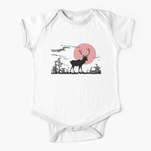 Deer in the woods - Woodblock Print Combo Short Sleeve Baby One-Piece