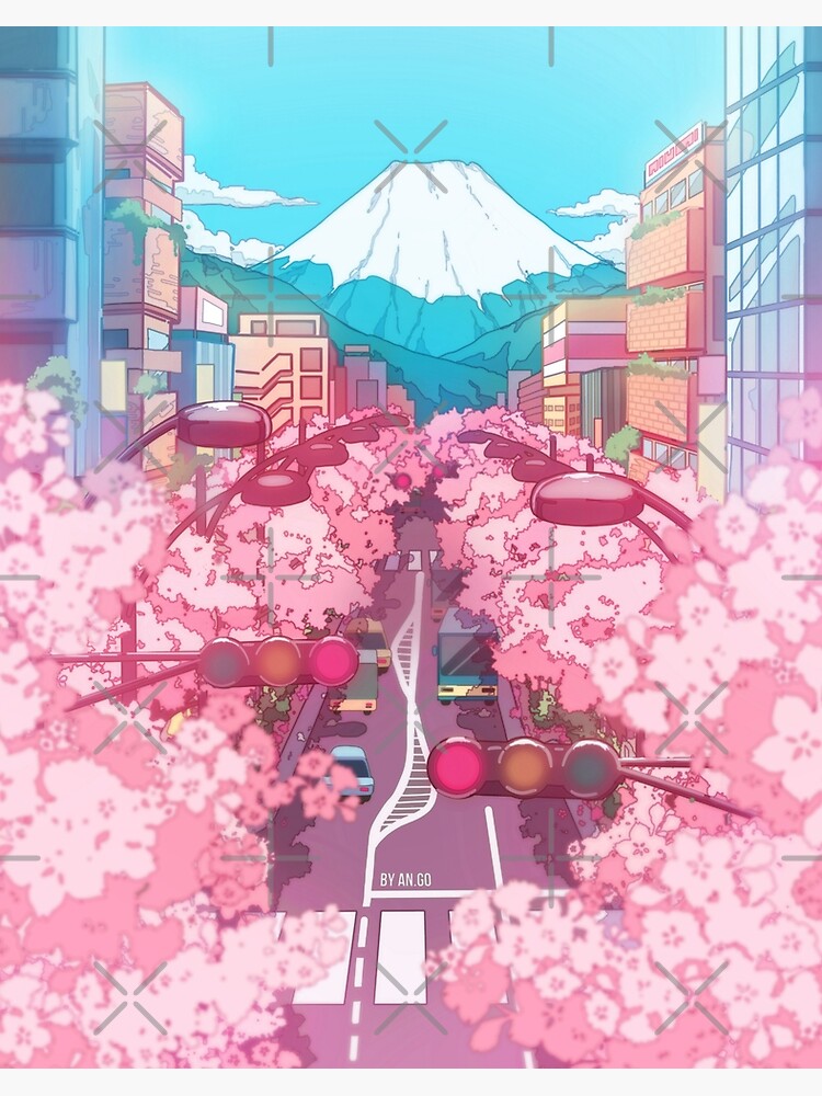 The Japanese Mount Fuji view and the pink spring in the city (soft