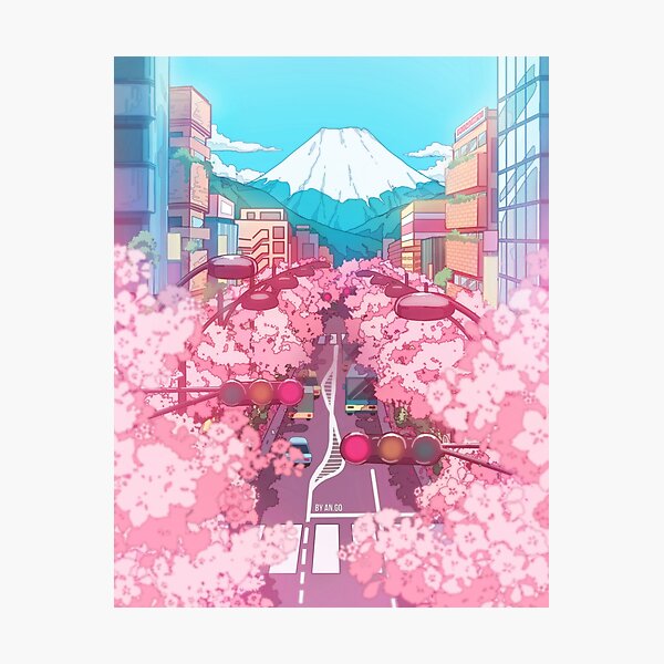 The Japanese Mount Fuji view and the pink spring in the city (soft colors) Photographic Print