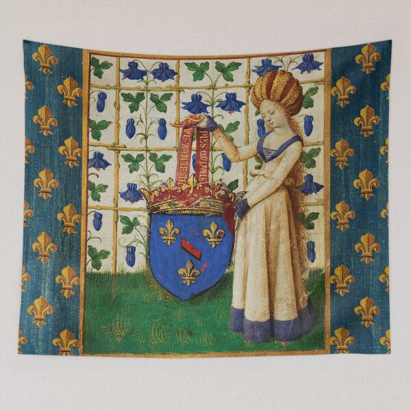 Item preview, LADY HOLDING SHIELD WITH CROWNS AND FLEUR DE LYS HERALDRY French Royal Heraldic Tapestry designed and sold by BulganLumini.
