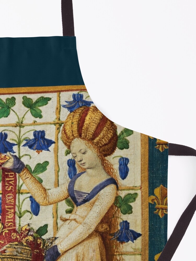 Alternate view of LADY HOLDING SHIELD WITH CROWNS AND FLEUR DE LYS HERALDRY French Royal Heraldic Tapestry Apron
