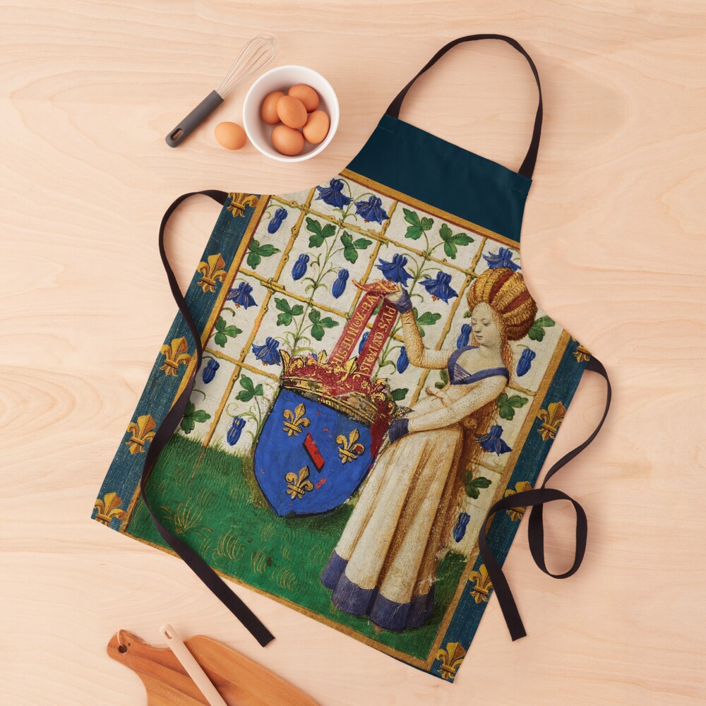 LADY HOLDING SHIELD WITH CROWNS AND FLEUR DE LYS HERALDRY French Royal Heraldic Tapestry Apron