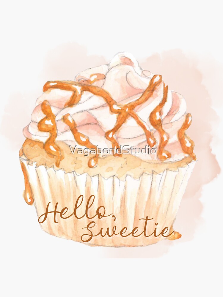 Hello Sweetie Watercolor Cupcake Sticker for Sale by