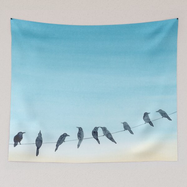 Item preview, Birds on a Wire with Amber and Teal Sky - Watercolor Painting, Square designed and sold by Jory Wong.
