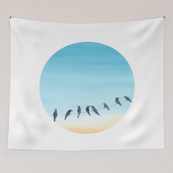 Item preview, Birds on a Wire with Amber and Teal Sky - Watercolor Painting, Circle designed and sold by Jory Wong.