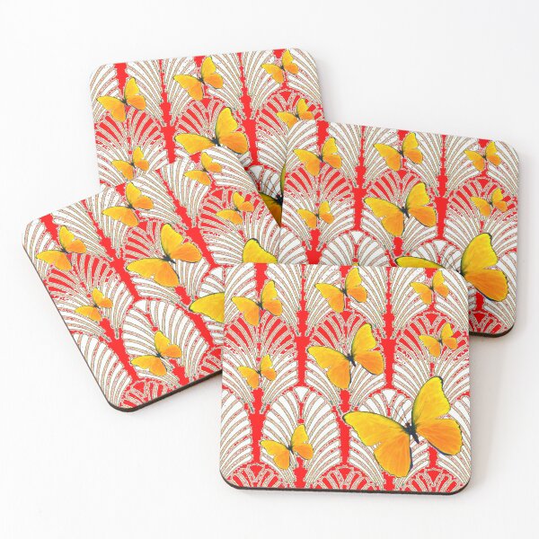 Item preview, DECORATIVE RED ART DECO PATTERN YELLOW BUTTERFLIES ART designed and sold by sharlesart.