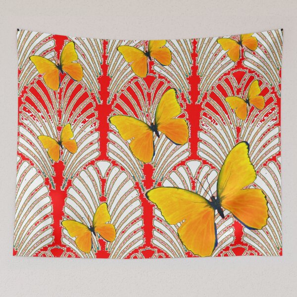 Item preview, DECORATIVE RED ART DECO PATTERN YELLOW BUTTERFLIES ART designed and sold by sharlesart.