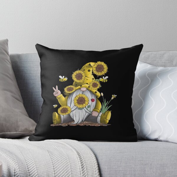 Sunflower Gnome With Bee Funny Hippie Gnome Throw Pillow